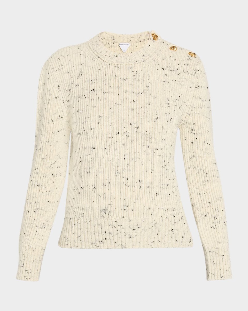 Button-Shoulder Speckled Rib Crewneck Sweater